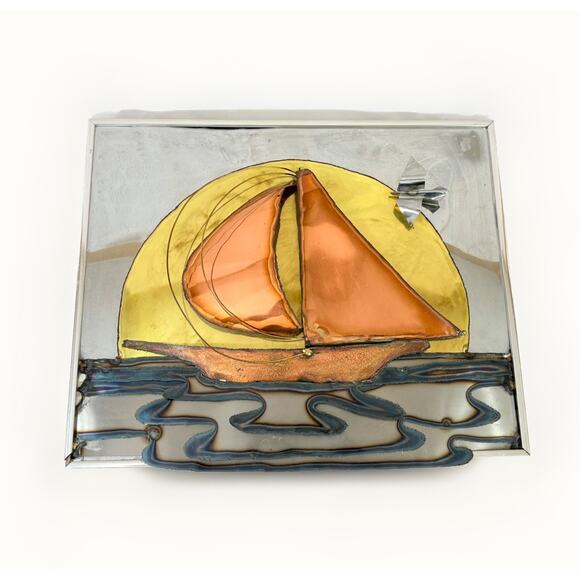 Vintage MCM Sailboat Framed Metal Wall Art 3D Sculpture Copper Brass 20" x 16.5" - Picture 1 of 8